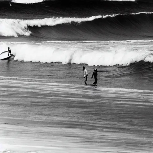 Prompt: senior citizens surfing in Hawaii, 35mm film