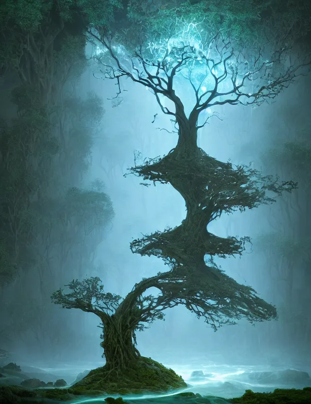 Prompt: a beautiful old tree with glowing lights in the branches with winding buttressed roots rising above a cairn covered in miss in the mist with sparkling streams and rivulets of water running down into an underground lake by james jean by roger dean, at dawn, volumetric light, spiritual light, houdini particles, trending on artstation