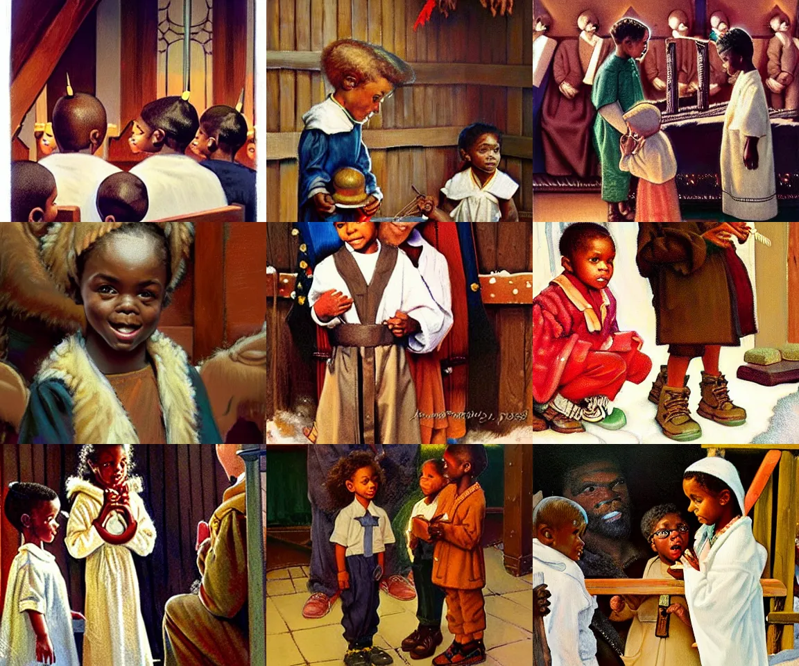 Prompt: black children standing around a manger in a church nativity play, painting by norman rockwell, trending on artstation, amazing details
