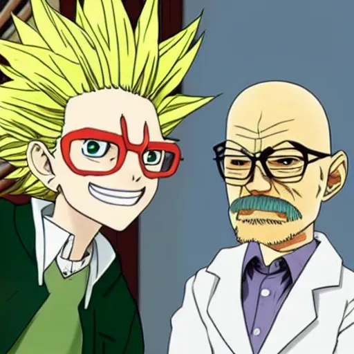 Prompt: senku from dr stone and walter white from breaking bad in a lab together