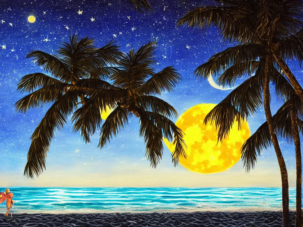 Prompt: night on a summer miami city beach, you can see part of the city, palm trees, footprints in the sand, full moon reflected in the calm ocean, starry sky 8 k, ultra detailed, trending on artstation, digital painting