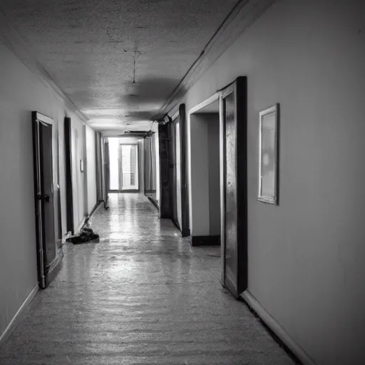 Prompt: dingy hallway in an apartment building, dirty, poorly lit