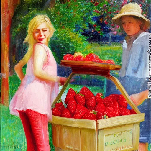 Image similar to Cute Blonde Girl 21 years old with locks sells Strawberries in a fruit stand, the fruit stand is a giant Strawberry, oil on canvas, Impressionism