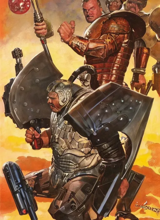 Prompt: full body and head portrait of Hafþór Júlíus Björnsson in science fiction armour, dynamic action, painted by norman rockwell and phil hale and greg staples and tom lovell and frank schoonover and jack kirby