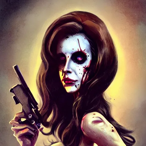 Image similar to slim and beautiful lana del rey as a zombie, 7 days to die zombie, gritty background, fine art, award winning, intricate, elegant, sharp focus, cinematic lighting, digital painting, 8 k concept art, art by michael hussar, art by brom, art by guweiz and z. w. gu, 8 k