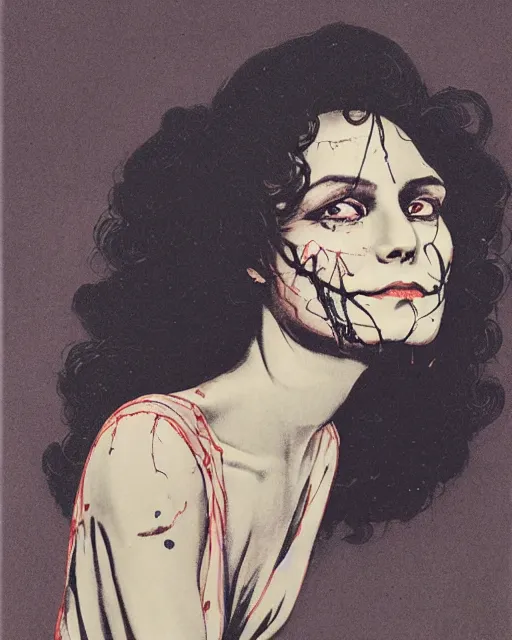 Image similar to a handsome but creepy, sinister, smiling young woman, with haunted eyes and curly hair, 1 9 7 0 s, seventies, wallpaper, a little blood, moonlight showing injuries, delicate embellishments, painterly, offset printing technique, by brom, robert henri, walter popp