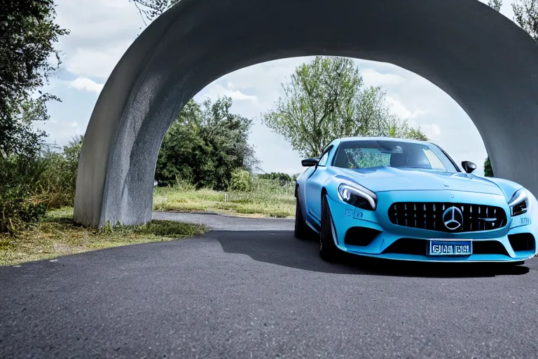 Prompt: matte blue AMG entering a portal into another dimension. photorealistic 35mm 4k