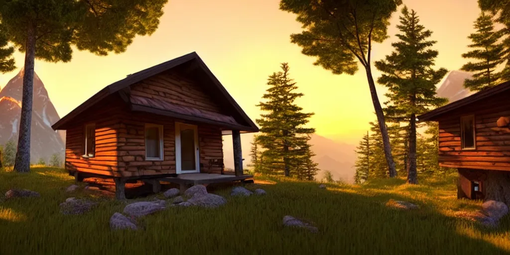 Image similar to a cozy little house in the woods, mountains in the background relaxing, 3 d concept art by phillip urlich, chill, relaxing, peaceful, sunset, extremely detailed art, unreal engine 5, hyper realism