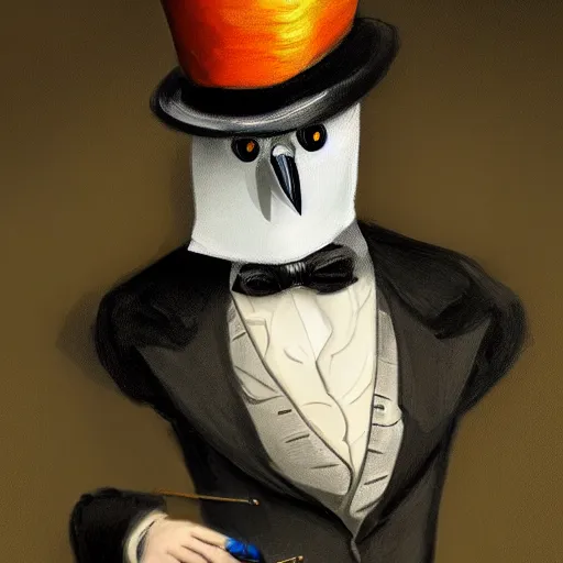 Prompt: an ultra detailed dapper-looking bio-mechanical clockwork crow wearing a top hat with a painting of a female pigeon behind him, by Yuumei, Trending on Artstation, CG Society