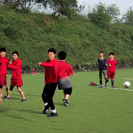 Prompt: pekingman play football near the river bank in china