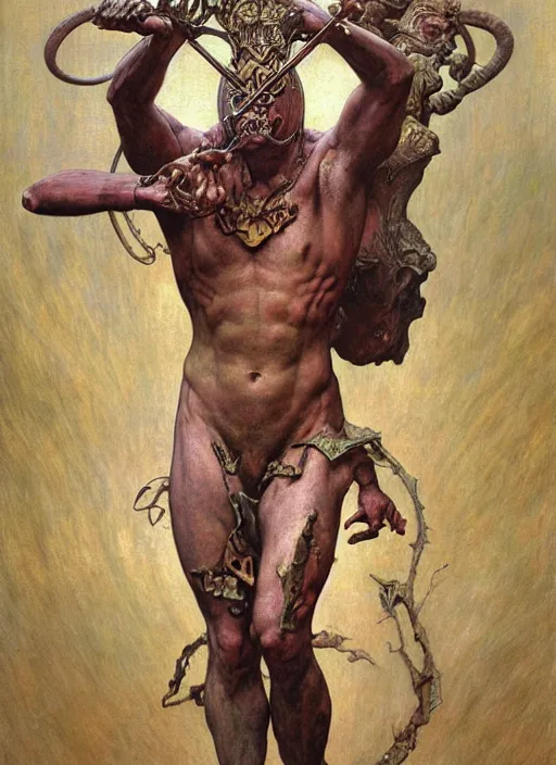 Prompt: hyper realistic painting of spartan king in the style of wayne barlowe, gustav moreau, goward, gaston bussiere and roberto ferri, santiago caruso, and austin osman spare, bouguereau, alphonse mucha, saturno butto, beksinski, sorayama and moebius. occult art, alchemical diagram