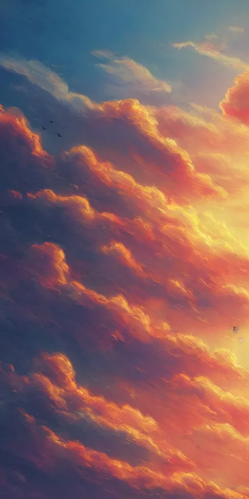 Prompt: A beautiful illustration of beautiful burning cloud in the evening sky, breathtaking clouds, The cloud is ethereal and mystical, and it seems to be glowing from within, buildings, trees, birds, black, dark, pink, red, orange, wide angle, by makoto shinkai, Wu daozi, very detailed, deviantart, 8k vertical wallpaper, tropical, colorful, airy, anime illustration, anime nature wallpap