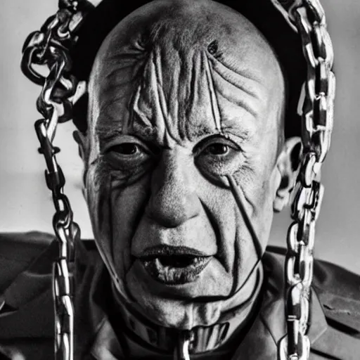 Image similar to UHD candid photo of Klaus Schwab dressed as a prisoner in a chain gang, wearing extremely accurate clown makeup, accurate face, UHD, photorealistic, correct face, photo by Annie Leibowitz