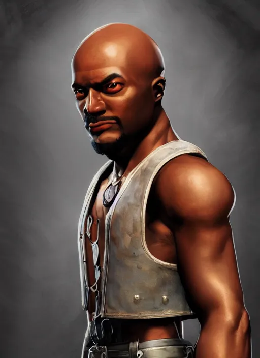 Image similar to An epic fantasy comic book style portrait painting of a young dark skinned thief with broad shoulders and a bald head in a vest, unreal 5, DAZ, hyperrealistic, octane render, cosplay, RPG portrait, dynamic lighting