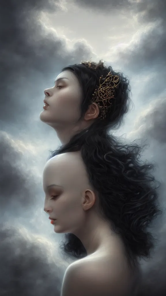 Image similar to a woman with very black hair and pale skin with a crown on her head walk on the clouds, in the style of tomasz alen kopera and fenghua zhong and peter mohrbacher, mystical colors, rim light, beautiful lighting, 8 k, stunning scene, raytracing, octane, trending on artstation,