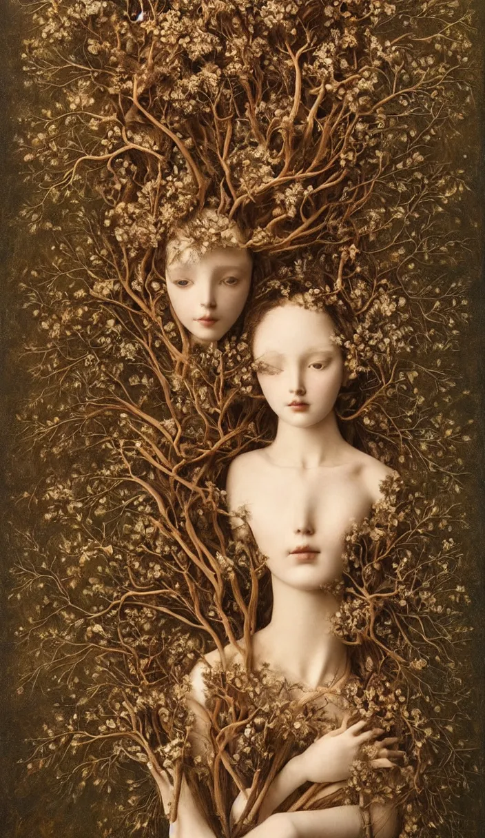 Prompt: cinematic portrait of a beautiful female jointed handmade wooden art doll, made of wood!!!!!, hair with twigs and branches, holding each other, oak trees, oak leaves!!, acorns, dendritic, painting by agostino arrivabene, by fernand khnopff, surreal, detailed