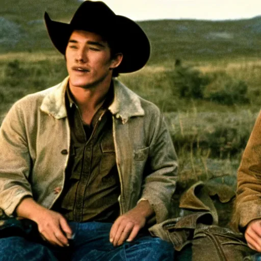 Image similar to a romantic scene from brokeback mountain starring josh hartnett as ennis del mar and heath ledger as jack twist