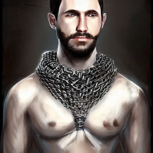 Prompt: realistic portrait, 30 year old man :: athletic, rough, angered :: short black hair :: chain mail :: high detail, digital art, RPG, concept art, illustration