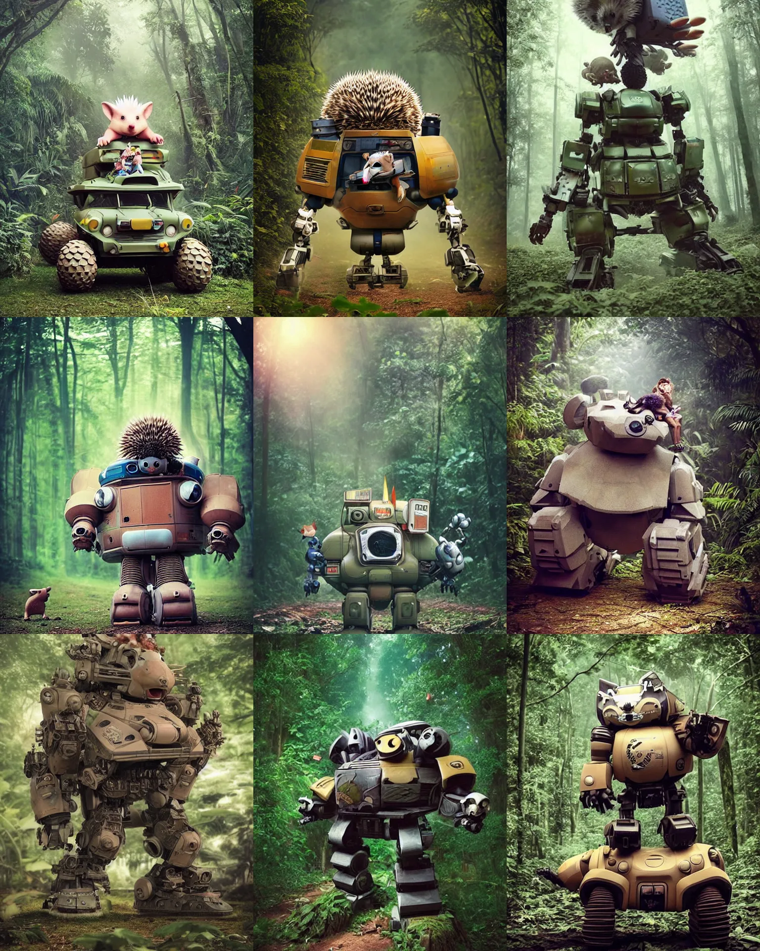 Prompt: epic pose!!! giant oversized battle hedgehog robot wacky chubby war mech winnning sport cute vehicle! double decker with giant oversized hair and hedgehog babies ,in deep jungle forest , full body , Cinematic focus, Polaroid photo, vintage , neutral dull colors, soft lights, foggy mist , by oleg oprisco , by thomas peschak, by discovery channel, by victor enrich , by gregory crewdson