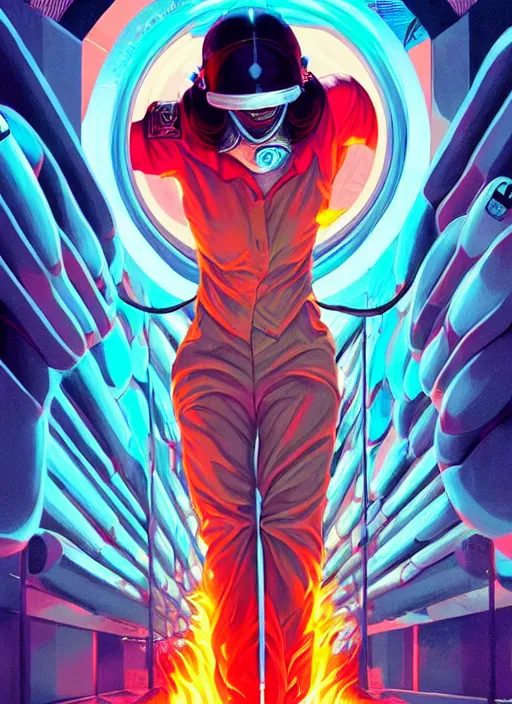 Image similar to burning police officer in sci fi prison, tristan eaton, victo ngai, artgerm, rhads, ross draws