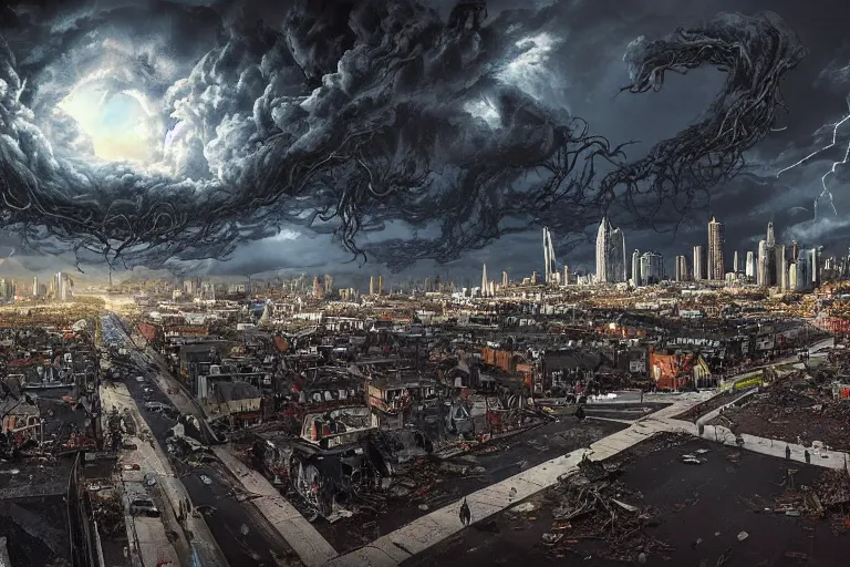 Prompt: wide angle street view of monstrous tornado with creeping tendrils looming above the city, flying debris, night, rain puddles, backlit, sprites, high contrast, artstation