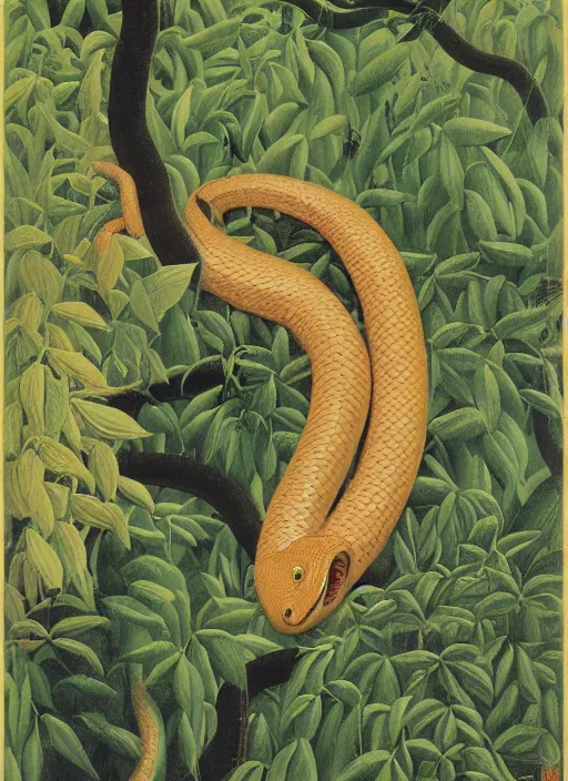 Prompt: a 3 5 mm portrait of a boiga snake wearing an adidas anorak painted by henri rousseau and norman rockwell