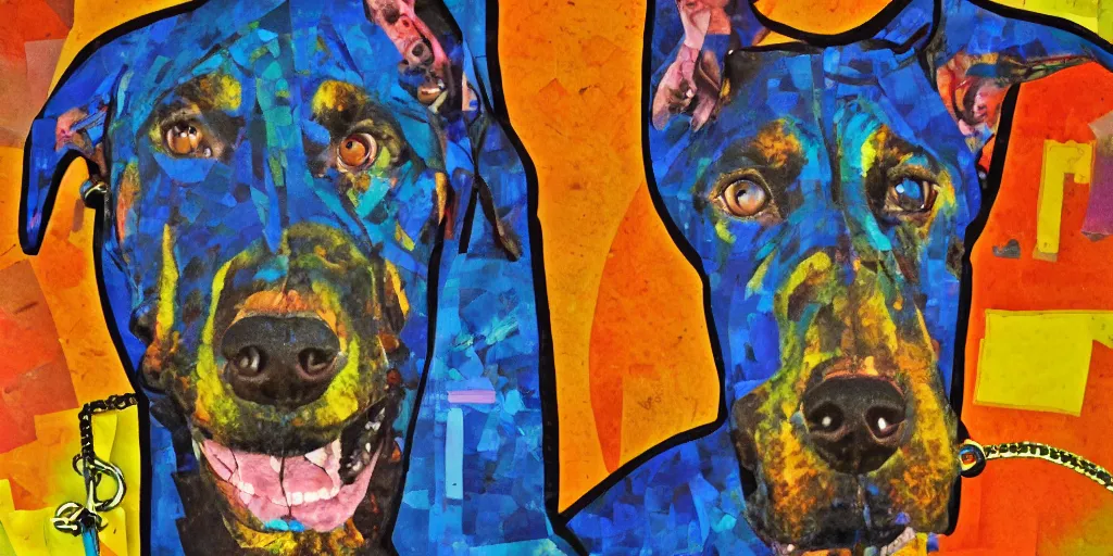 Image similar to mad doberman on a chain, collage, acrylic on canvas, expressionism movement, breathtaking detailed, by blake neubert