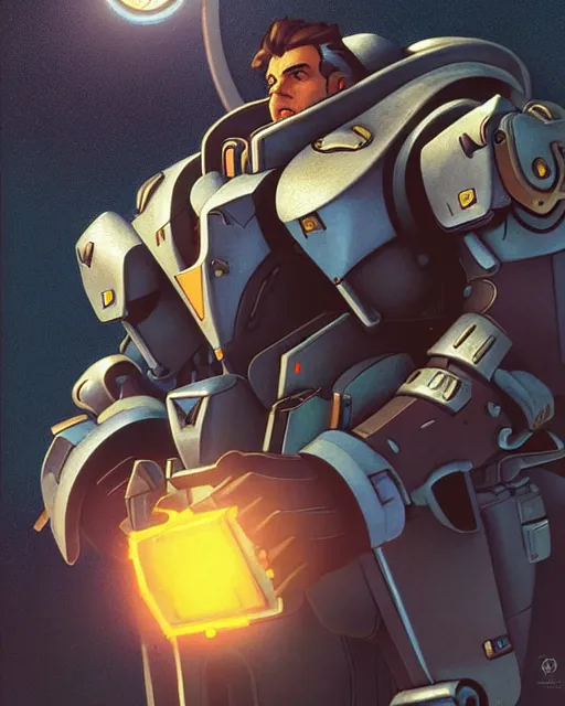 Image similar to reinhardt from overwatch, character portrait, portrait, close up, concept art, intricate details, highly detailed, vintage sci - fi poster, retro future, in the style of chris foss, rodger dean, moebius, michael whelan, and gustave dore