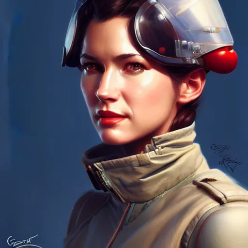 Prompt: Portrait of a charming lady fighter pilot, highly detailed, digital painting, artstation, concept art, smooth, sharp focus, illustration by Artgerm and Greg Rutkowski