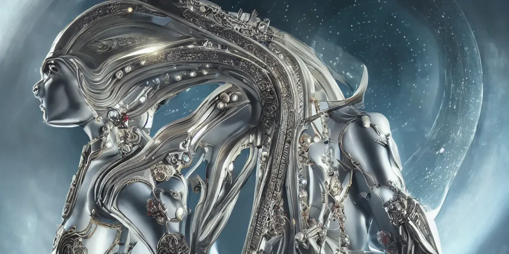 Image similar to a incredible elegant hollow bionic art nouveau alien galaxy japanese pearl queen superheroes, mithras, with ornate jewelled, sci - fi, high - tech, the met museum, streamlined, futuristic, spot lighting, led, photorealistic, high detailed, concept art, exquisite aristocratic, industrial factory by leonardo da vinci rendered in octane 8 k