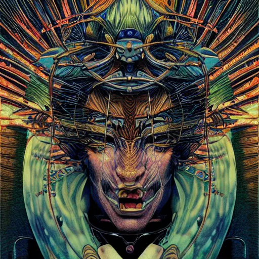 Image similar to portrait of crazy tribal man, symmetrical, by yoichi hatakenaka, masamune shirow, josan gonzales and dan mumford, ayami kojima, takato yamamoto, barclay shaw, karol bak, yukito kishiro