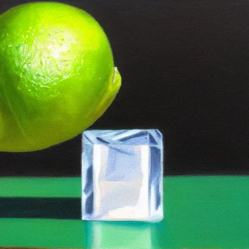 Image similar to oil painting of an ice cube in front of a slice of lime.