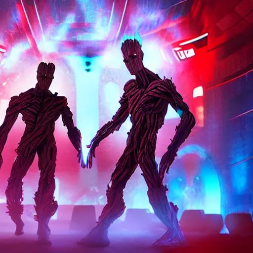 Prompt: groot and optimus prime dancing at techno party among people, wide shoot, after effect ultra realistic 3 d