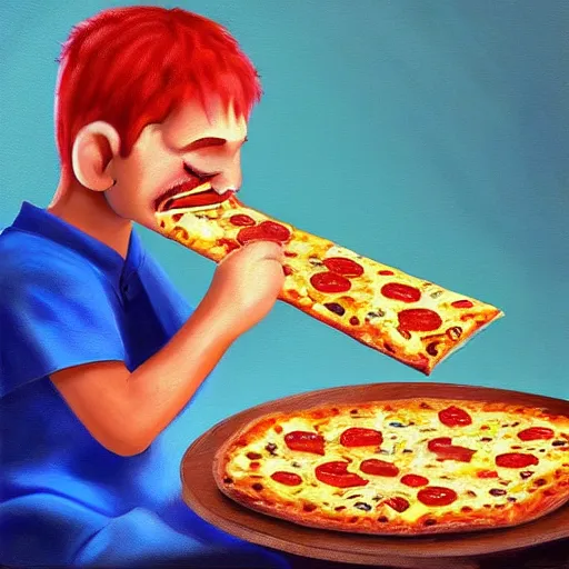 Prompt: an male person eating cheesy pizza, digital art, 3 d, oil painting,
