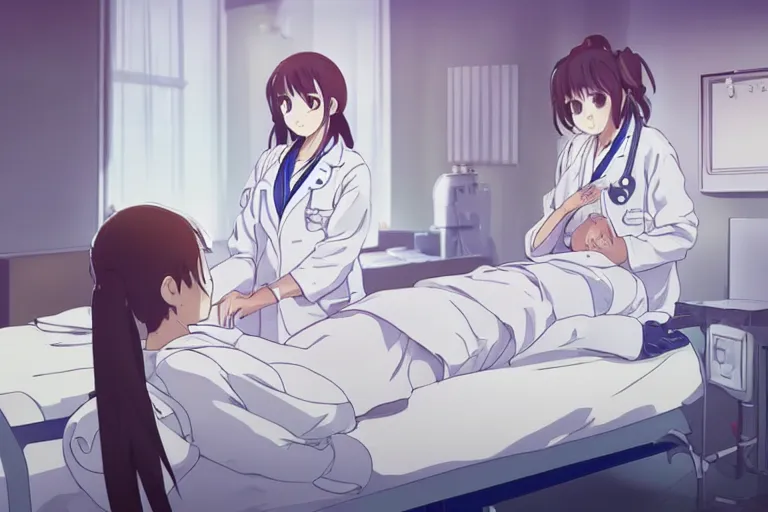 Image similar to a cute and beautiful young female doctor wearing white coat are taking care of a patient on a bed in a hospital ward, slice of life anime, anime scenery by Makoto shinkai