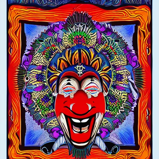 Image similar to Fillmore concert poster for The Bozone by Wes Wilson and Rick Griffin, psychedelic, intricate paisley filigree Bozo the clown. red clown nose, mandala, day-glo colors, blue and white color scheme, flowing lettering