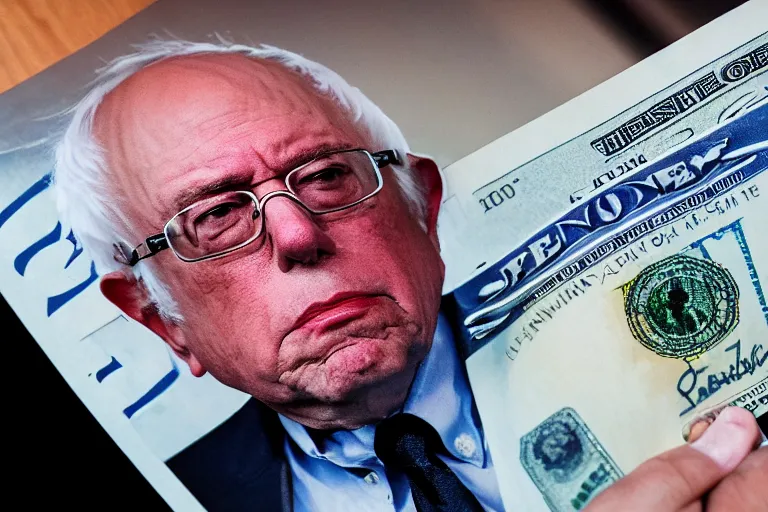 Prompt: closeup potrait of bernie sanders giving you a crisp hundred dollar bill in a washington street, screen light, sharp, detailed face, magazine, press, photo, Steve McCurry, David Lazar, Canon, Nikon, focus