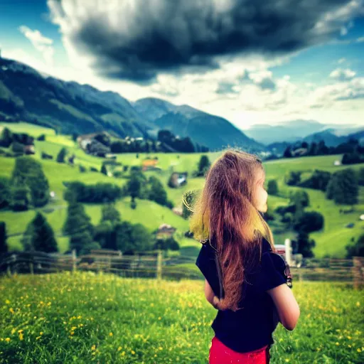 Image similar to a beautiful photograph of a girl with switzerland landscape in the background with trees, hdr, 8 k, high quality, sharp focus, artstation, highly detailed, award - winning, dramatic lighting, beautiful clouds, and nature