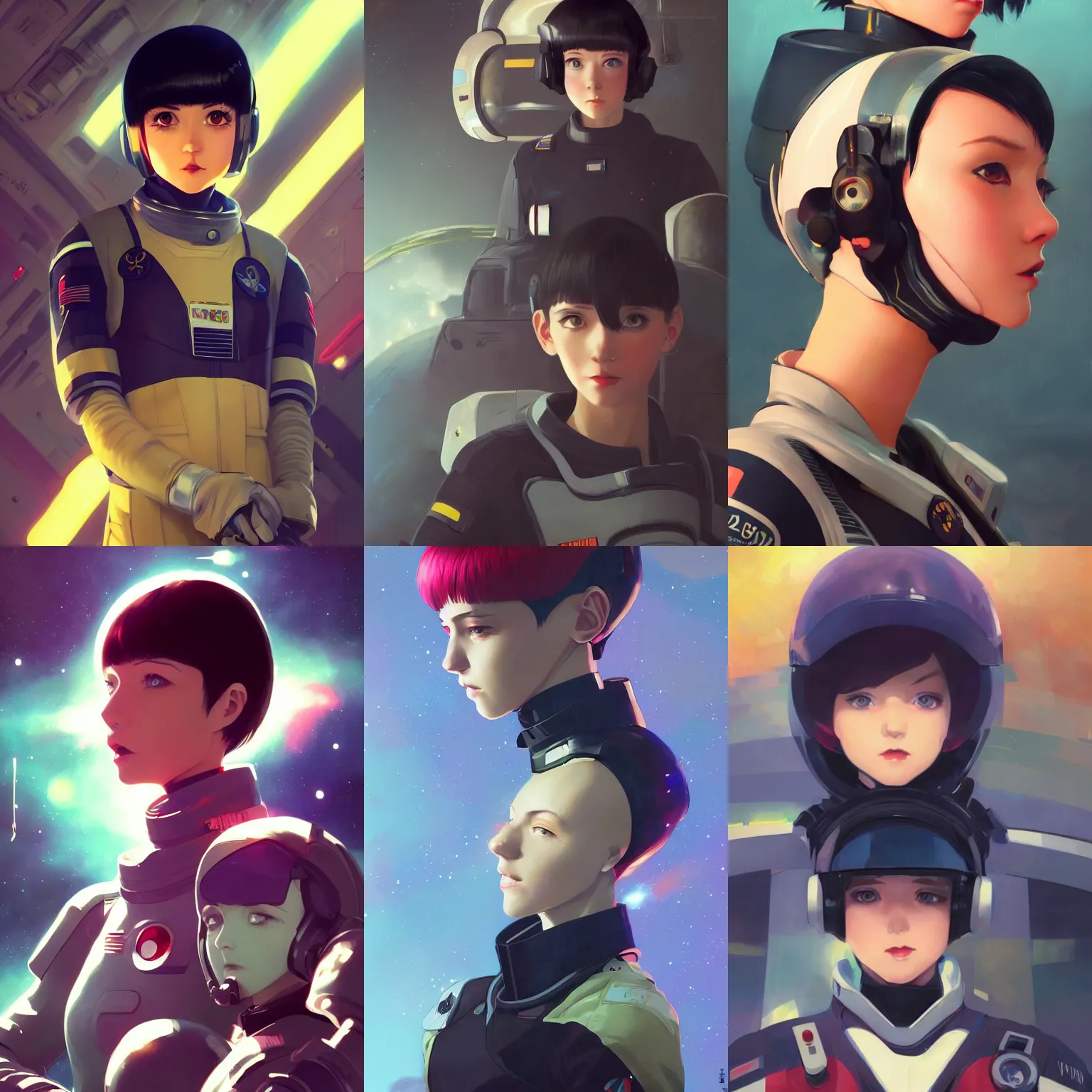 Prompt: a portrait of a cute young female space fighter pilot with black bob cut hair, sci-fi setting, vivid colors, soft lighting, atmospheric, cinematic, moody, in the style of Ilya Kuvshinov and Range Murata, Krenz Cushart, oil on canvas, 8k