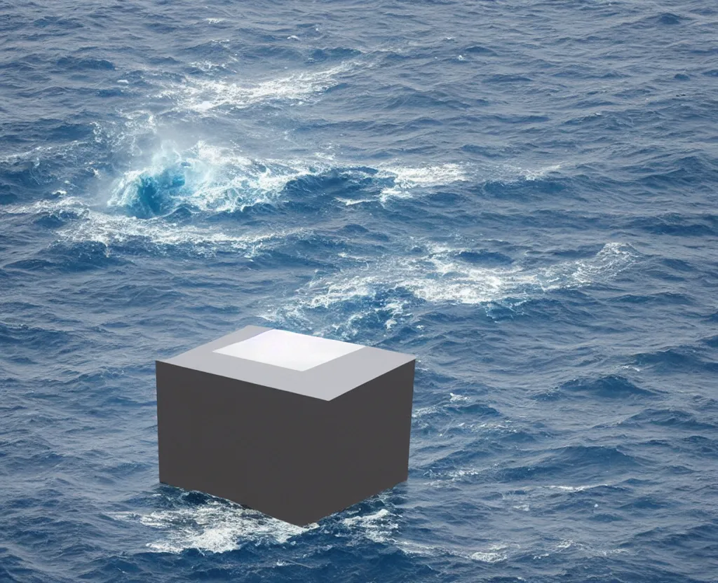 Prompt: a cube in the middle of the sea with images of a tumultuous sea on all sides. in the style of Richard Serra