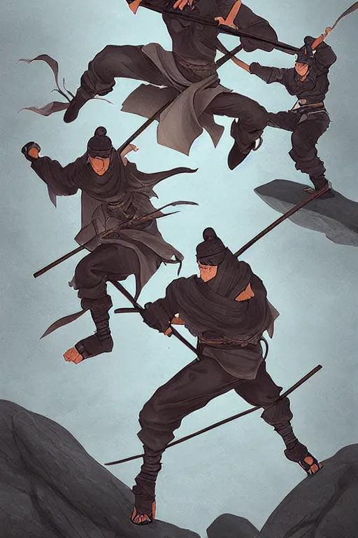 Image similar to trowing rock to ninjas, ilustrator by tafy laplanche and bo feng lin