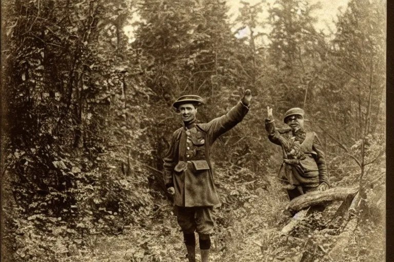 Image similar to an scary creature waving to a guy in the forest, ww1 photo, grainy, high detail, high resolution