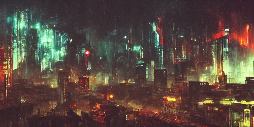 Prompt: 35mm photography film still landscape of cyberpunk city with industrial fires and smog, futuristic dystopian megacity skyline, rain falling, matte painting, cyberpunk noir, neon, sharp focus