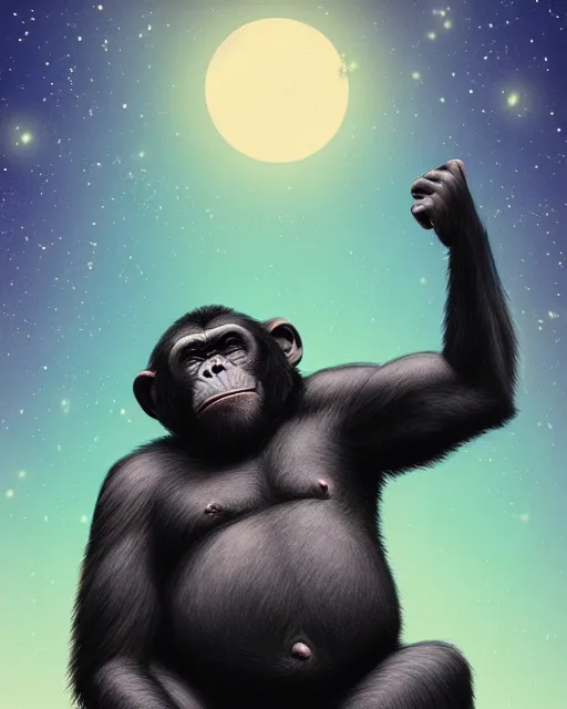 Image similar to very detailed high resolution illustration of a fat chimpanzee, backlit, stars, night, surrounded, 3 d, 8 k, extremely detailed, artstation, award winning