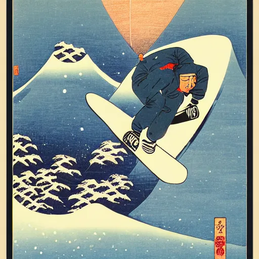 Prompt: snowboarder snowboarding woodblock print, style of hokusai, fine art, style of kanagawa, painting