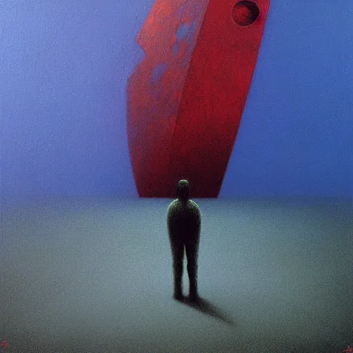Prompt: long shot of among us red character, space ship in the background, amogus, art by zdzislav beksinski, high quality, dark hues, higly detailed, oil painting