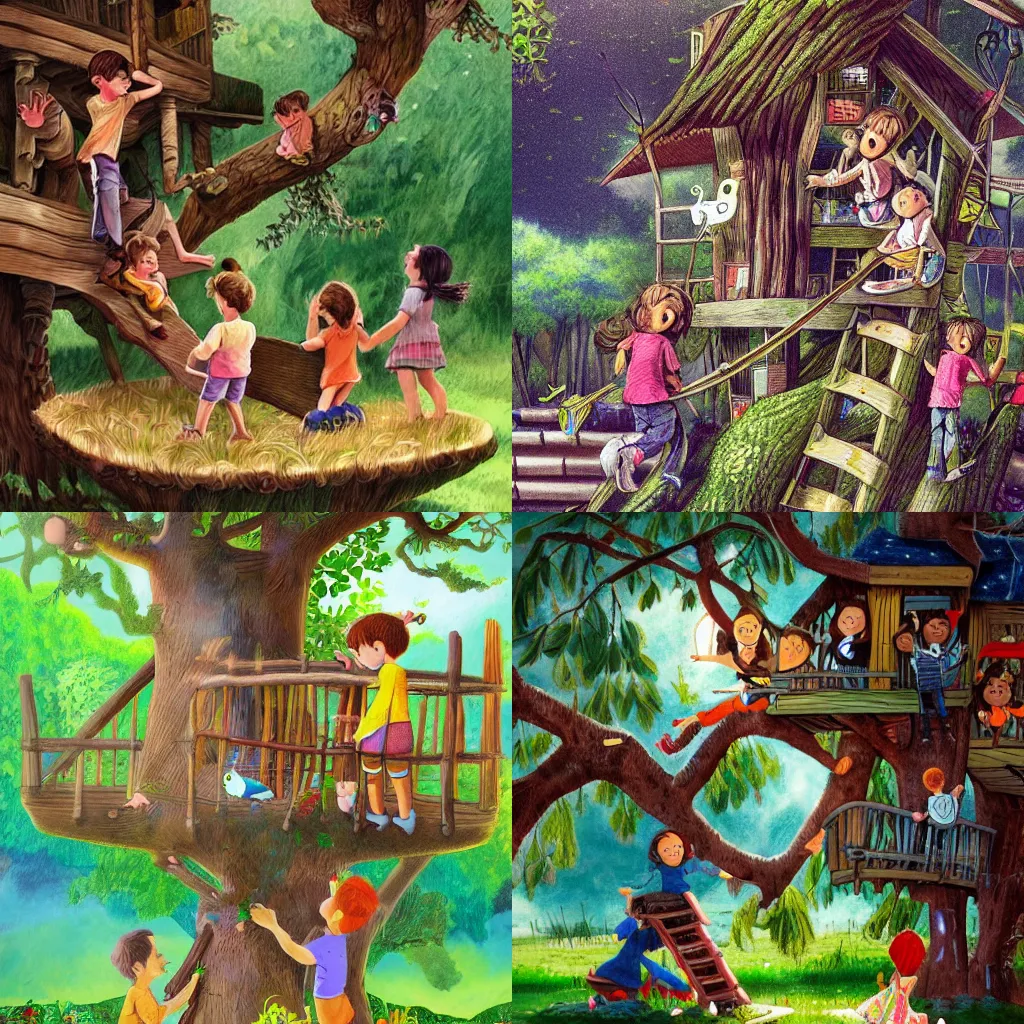 Prompt: detailed, sharp, children playing in the treehouse, animation illustration, art station