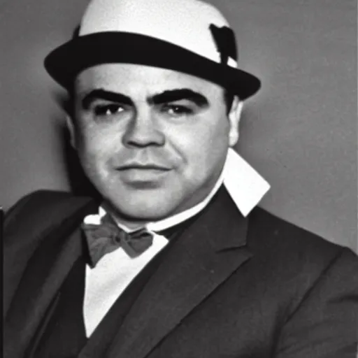 Prompt: an old mugshot of Al Capone, he is wearing a white tuxedo with a bowtie, he is smirking