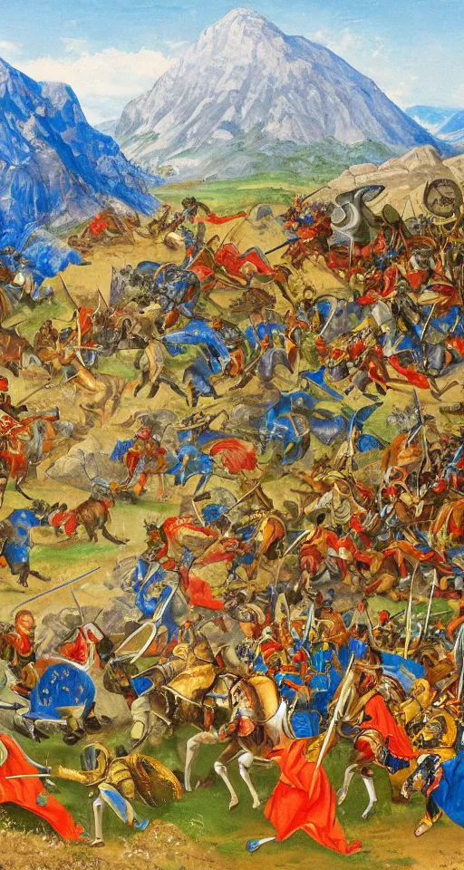 Prompt: colorful simple wideshot of a small medieval battle in front of a beautiful large blue mountainscape, painting