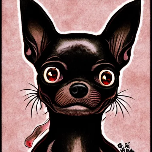 Image similar to a dark brown chihuahua, hyper detailed, in the style of junji ito and berserk, selfie